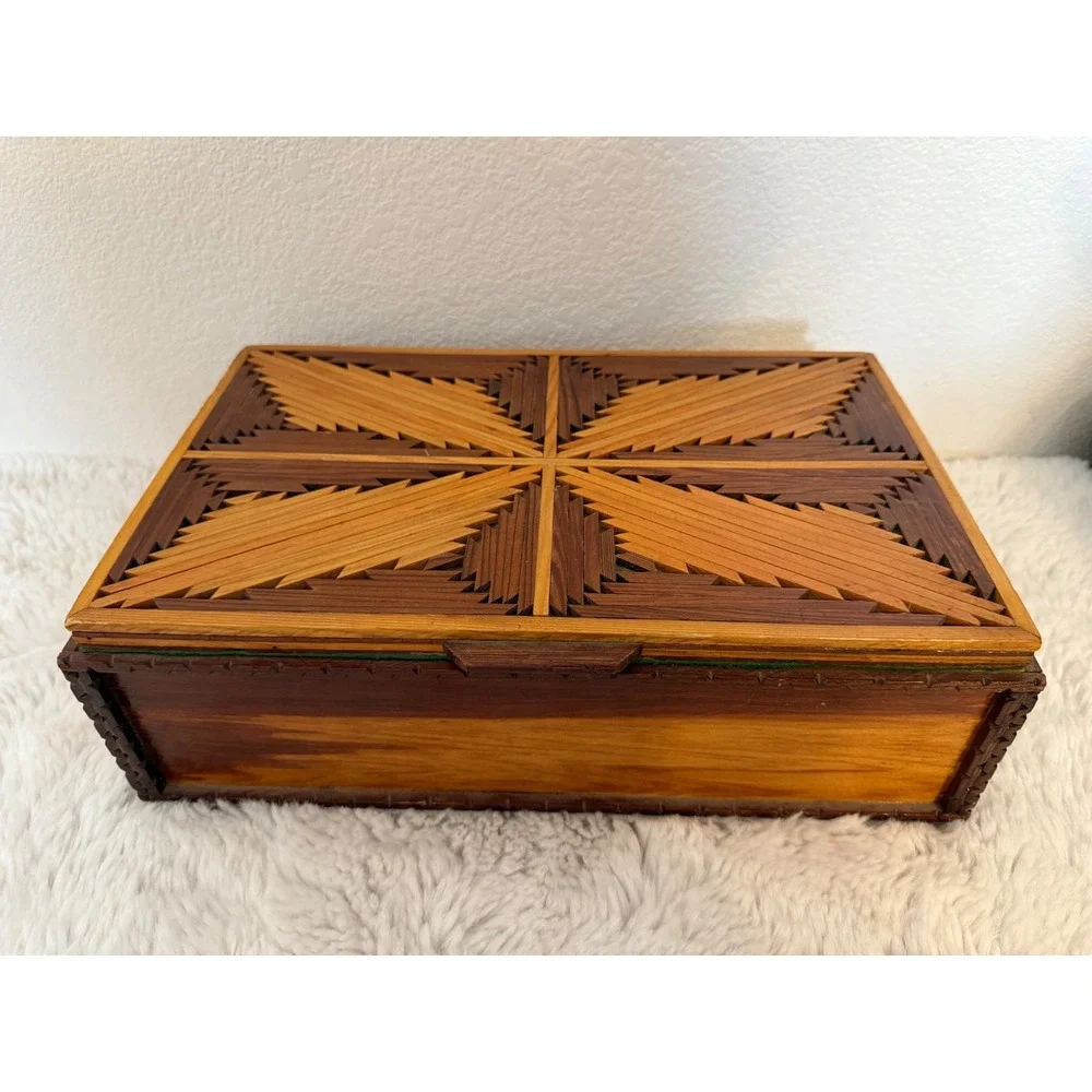 Antique tramp art wooden Box with Intricate Inlay Design Trinket Jewelry Storage